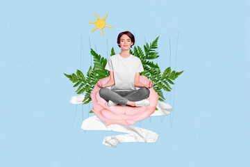Creative 3d photo collage illustration of peaceful cheerful relaxed girl sitting meditating on...