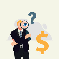 Businessman holding a magnifying glass and looking through a money symbol vector illustration