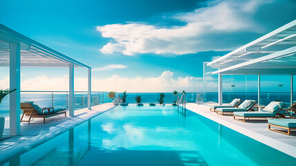 Fototapeta na wymiar A spectacular image of a lavish penthouse suite's rooftop oasis, providing a serene and enticing retreat with unmatched ocean views