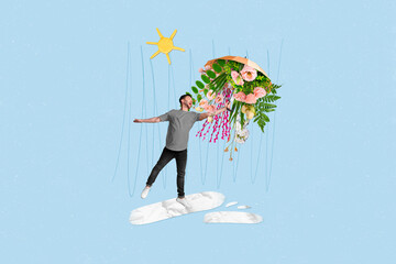 Creative collage portrait of mini excited guy hand hold floral spring umbrella melting snow sun...