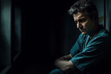 sad and depressed surgeon man in the dark room with dramatic lighting and shadow, Generative AI