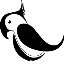 Vector image of a stylized cockatoo parrot black and white on an isolated white background. Cockatoo icon, funny parrot cartoon.