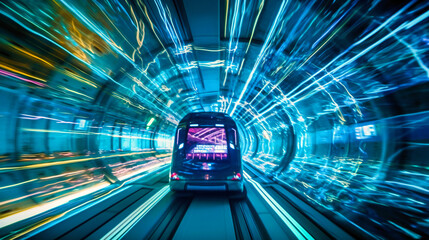 A futuristic electric cargo transport driving through a tunnel in a high-tech city, showcasing innovation and energy