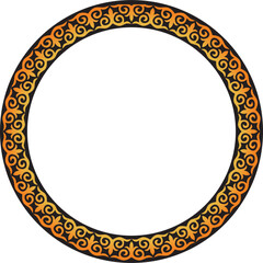 Vector orange and black Kazakh national round pattern, frame. Ethnic ornament of the nomadic peoples of Asia, the Great Steppe, Kazakhs, Kirghiz, Kalmyks, Mongols, Buryats, Turkmens