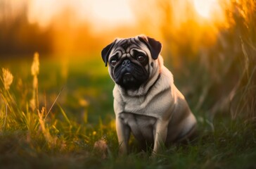Fototapeta na wymiar Small fawn-colored pug sits in the grass in the park. Generative AI.