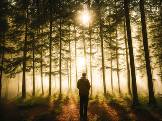 person walking in the forest