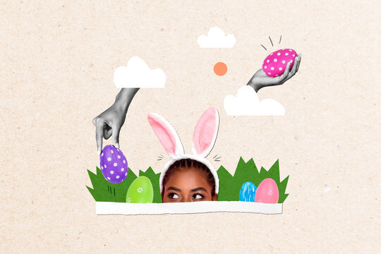 Creative 3d photo collage artwork graphics painting of funny shy lady having fun looking for easter eggs isolated drawing background