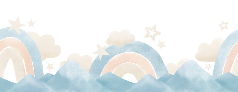 Seamless Border with Mountains and Rainbows for Baby shower in pastel colors. Hand drawn watercolor pattern with clouds and stars for kid banner on isolated background. Drawing for childish design.