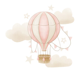 Hot air Balloon with cloud and stars in pastel pink and beige colors. Hand drawn watercolor illustration for Baby shower on isolated background. Kid drawing for newborn greeting cards or invitations.