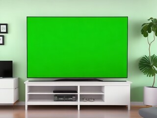Modern living room with green screen TV on cabinet. 