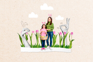 3d retro creative collage artwork template of smiling mom daughter collecting easter egg together...