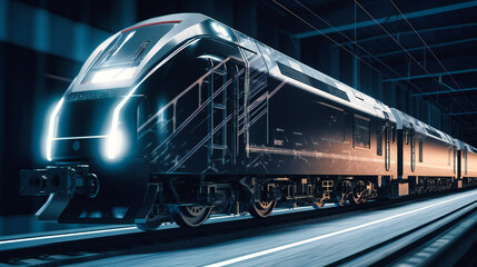 Naklejka premium A futuristic electric cargo transport train, showcasing its ability to transport large quantities of goods quickly and efficiently