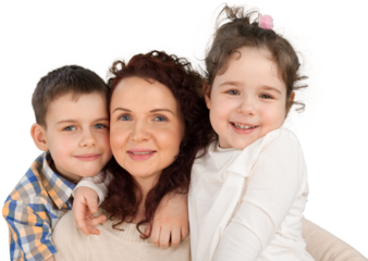 Happy Mother with daughter and son hugging on background