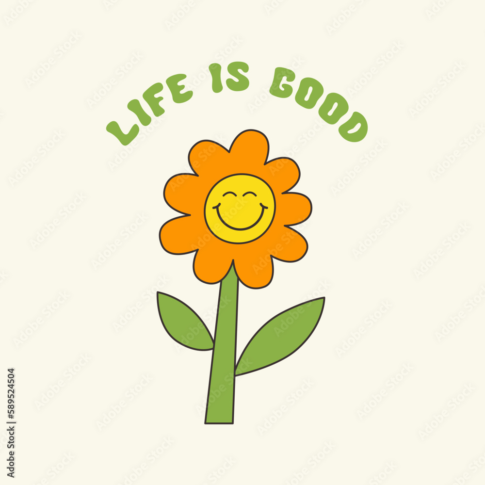 Poster life is good retro hippie design illustration, positive message phrase isolated on a beige backgroun