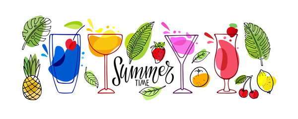 Non-alcoholic cocktails, fruit ingredients, Summer time lettering. Various colored drinks. Mixed drinks. Bright cocktail glasses. Exotic tropical beach bar Flat linear cartoon vector icons isolated.