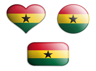colorful national art flag of ghana figures bottoms on a white background . concept collage. 3d illustration.