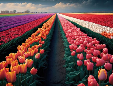 Aerial view of bulb-fields in springtime, located between the towns of Lisse and Sassenheim, province, the Netherlands Evergreen branches flat lay design Generative AI