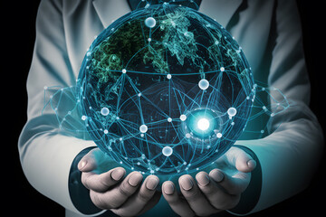 Doctor holding virtual globe with healthcare network connection. Science and medical innovation technology develop sustainable smart services made with Generative AI