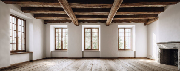 White room with wooden flooring and ceiling beams.
fire place on right. wide format. Generative AI. - obrazy, fototapety, plakaty