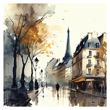 Watercolor illustration of Paris. Sketch of the Eiffel Tower. Image of autumn France