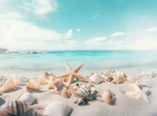 Fototapeta na wymiar Beach sand with stars and shells. Illustration AI Generative