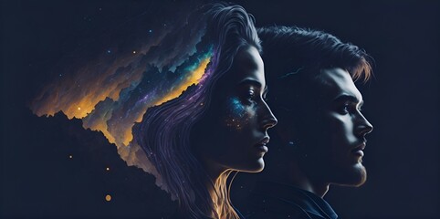 portrait of a woman and men, double exposure. Good for postcards, poster, mag and canvas. Generative AI