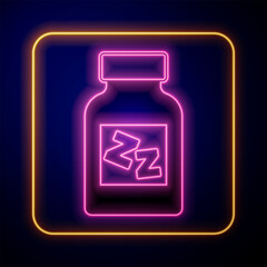 Glowing neon Sleeping pill icon isolated on black background. Vector