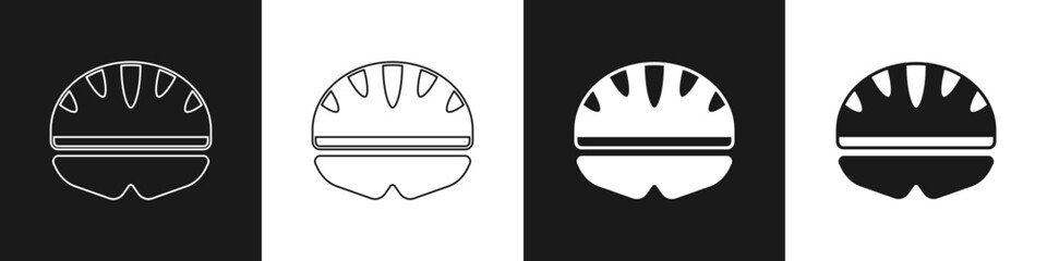 Set Bicycle helmet icon isolated on black and white background. Extreme sport. Sport equipment. Vector