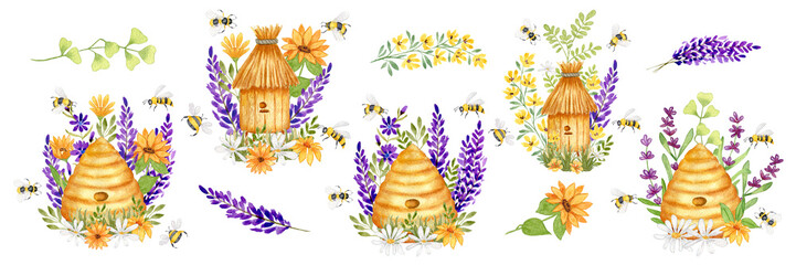 Watercolor set illustration with a wild Beehive in Lavender and Chamomile flowers. Bees, wild flowers and grass. Design for products with honey. Isolated on a white background.