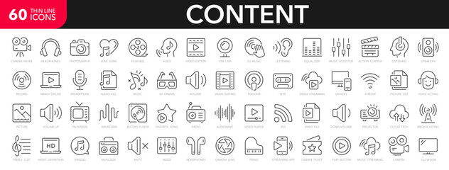 Fototapeta na wymiar Content line icons set. Audio and Video line icons set. Media outline icons collection. Music, camera, microphone, webcam, earphones, cinema, television - stock vector.