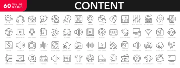 Foto op Plexiglas Content line icons set. Audio and Video line icons set. Media outline icons collection. Music, camera, microphone, webcam, earphones, cinema, television - stock vector. © Comauthor