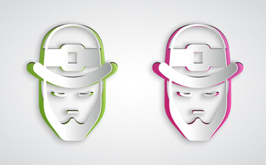 Paper cut Leprechaun icon isolated on grey background. Happy Saint Patricks day. National Irish holiday. Paper art style. Vector