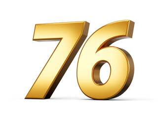 Gold number 76 Seventy Six isolated white background. shiny 3d number made of gold 3d illustration