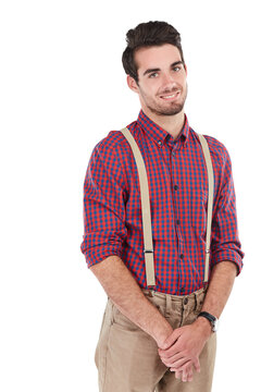 Happy portrait of an adult man, smile on face with hipster fashion standing with hands together. Funky dressed gentleman with shy pose, smart guy smiling for isolated on a transparent background