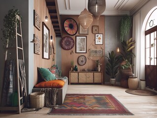 Eclectic boho style room interior with lot of wall art and ornamented carpet on the floor, generative ai bohemian living room design idea