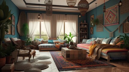 Ethnic boho style room interior with blue walls and patterned carpet, generative ai bohemian living room ideas