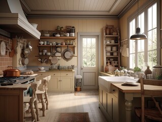 Country house natural kitchen interior design, generative ai room design for stylish traditional home with natural colors
