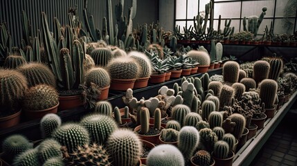 Tables full of spiky cactus plants, bunch of generative ai cacti 