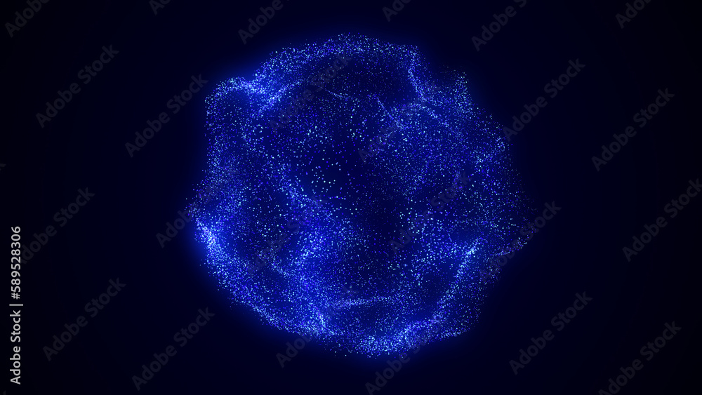 Poster Abstract blue sphere with connecting dots. Wireframe technology sphere of particles. Big data visualization. 3d rendering.