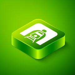 Isometric Train in railway tunnel icon isolated on green background. Railroad tunnel. Green square button. Vector
