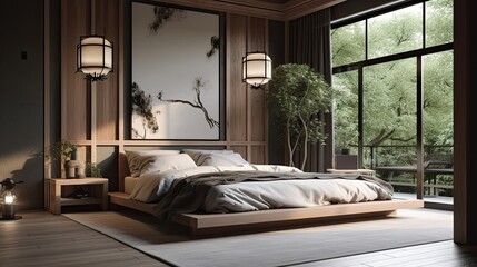 Spacious japandi style bedroom interior design, generative ai room design with combination of scandinavian and japanese best ideas