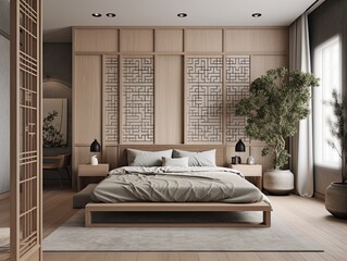 Minimalist japandi style bedroom interior design with a houseplant in the corner, generative ai room design with combination of scandinavian and japanese best ideas