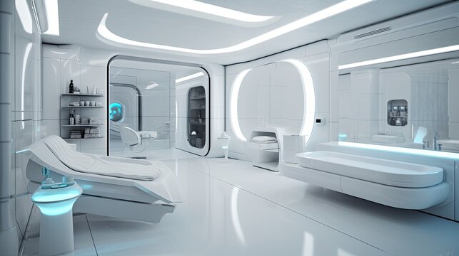 Futuristic bright bathroom interior design with white walls, generative ai room design for stylish home