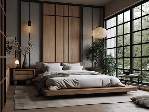 Minimalist japandi style bedroom interior design with big windows, generative ai room design with combination of scandinavian and japanese best ideas