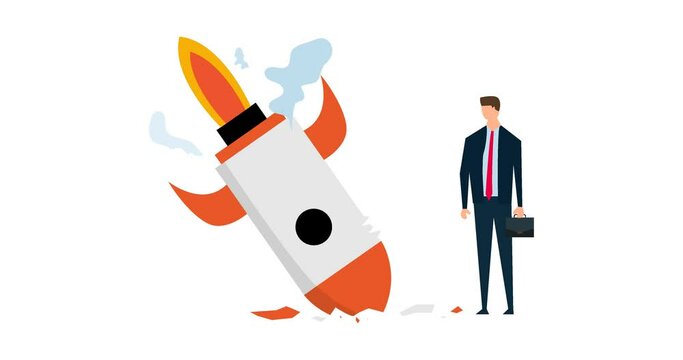 4k motion design of Fail start up business, depressed businessman company owner standing beside crash launching space rocket metaphor of new business failure.