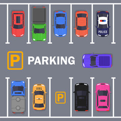 rban traffic concept with top view parked cars in parking zone, outdoor free parking lot, city transport services. Highway code vector illustration.