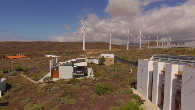 Aerial view of wind turbines producing clean sustainable energy, the clean energy of the future