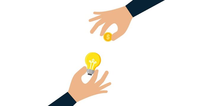 4k motion design of Crowd funding, start up company to get money, businessman hand giving money dollar coin to new business idea light bulb