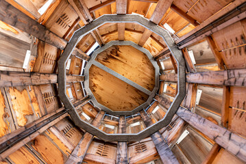Image of a wooden ceiling took from down to up