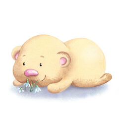 Cute bear and flower wreath watercolor style illustration.